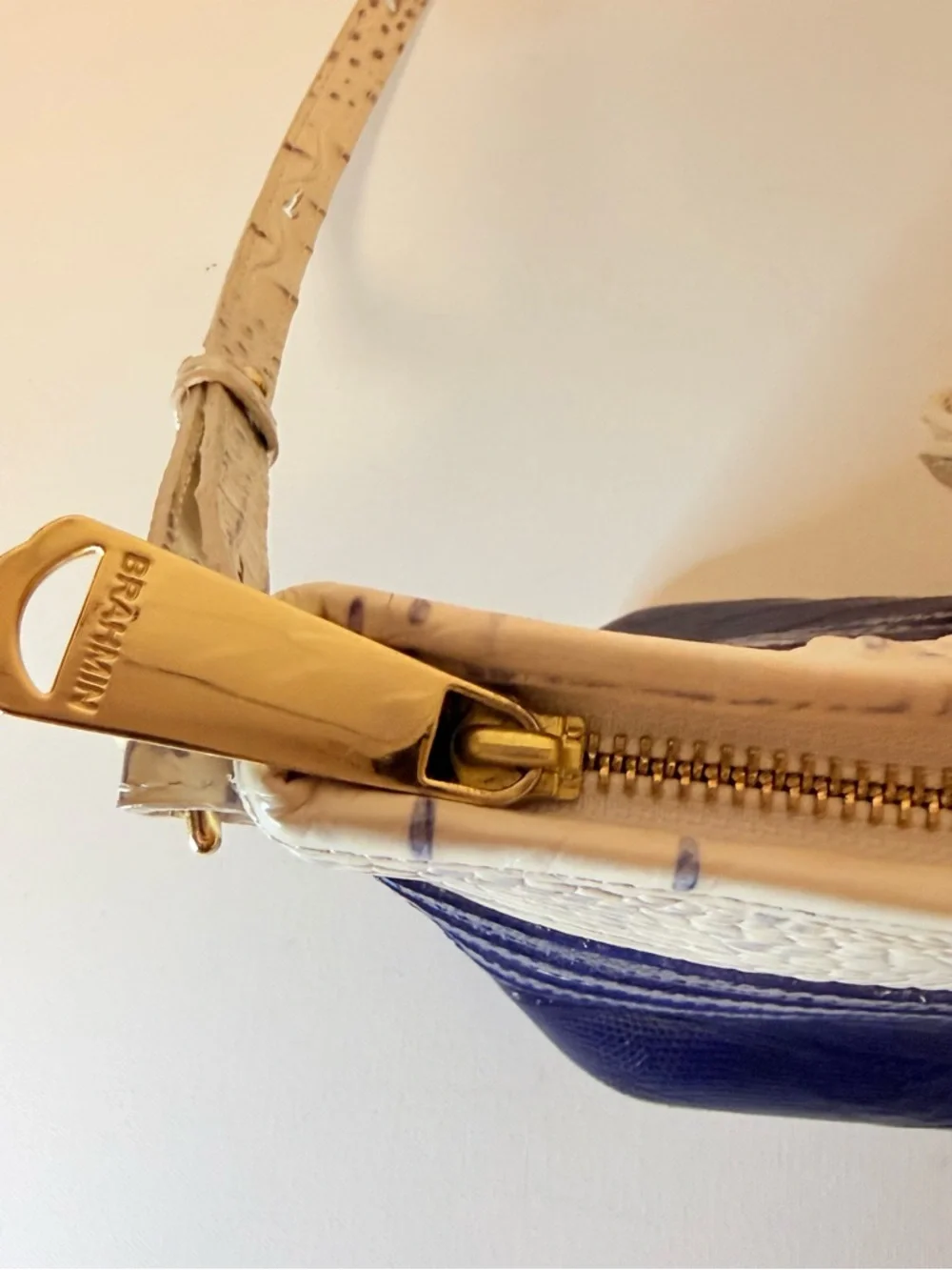 Brahmin Mini Asher Corsica Vineyard Navy Striped Croc Leather Satchel
